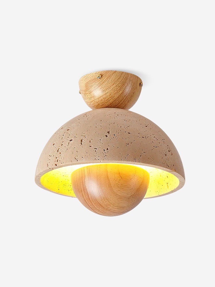 Wabi-Sabi Style Travertine and Wood Half-Sphere Ceiling Light